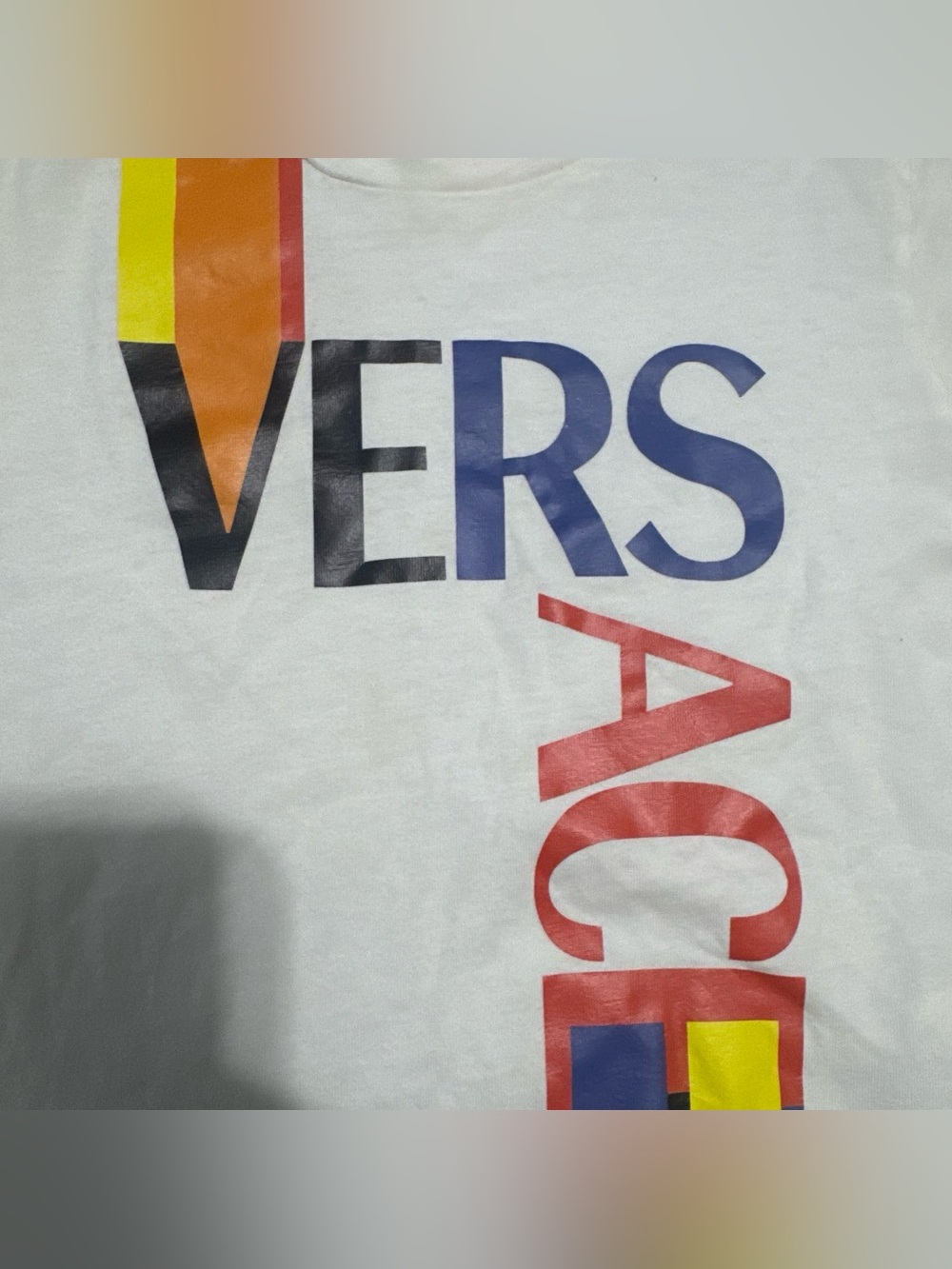 Versace White Tee with Multicolor Logo Blocks